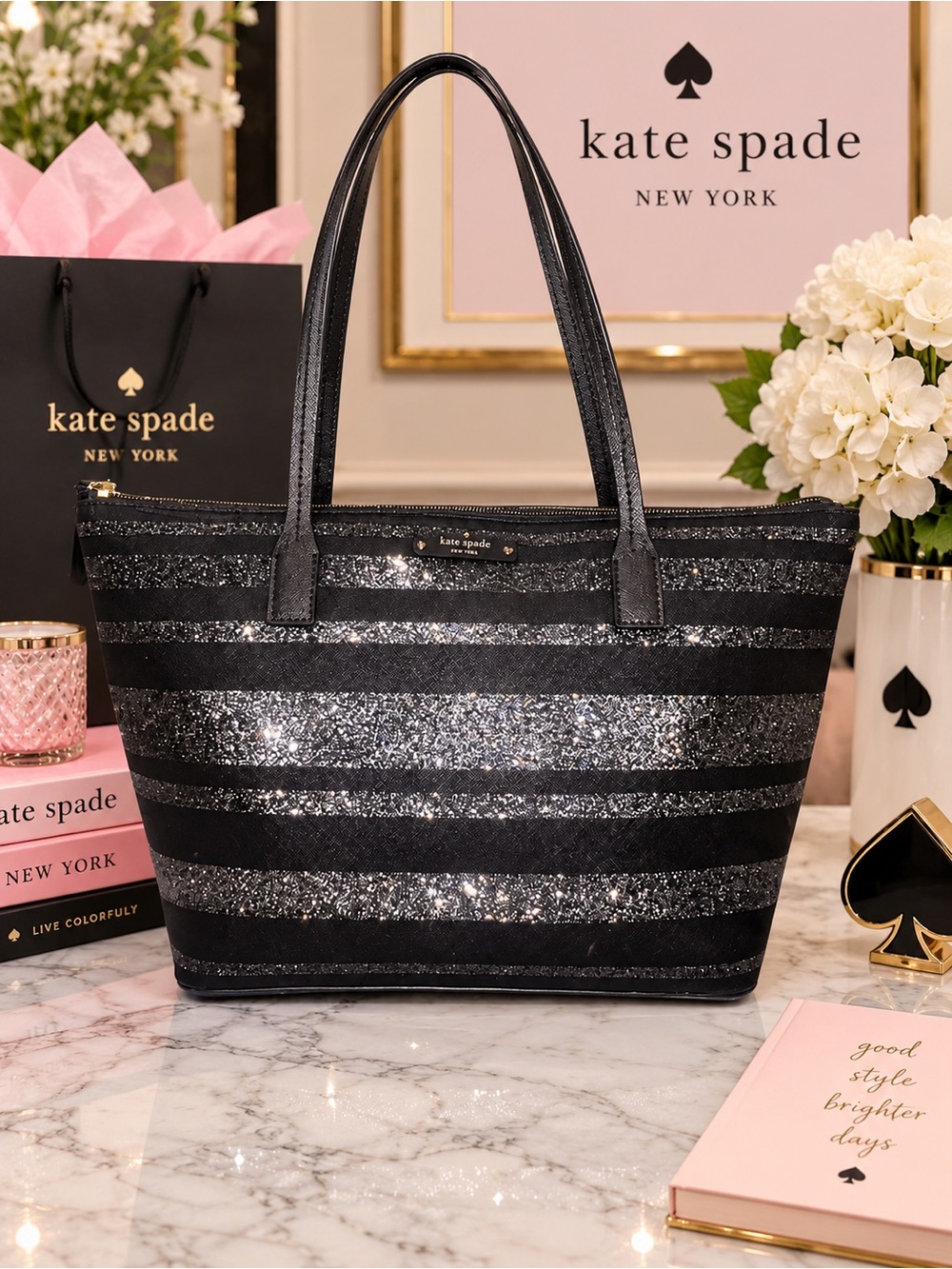 Kate Spade Haven Lane Hani Glitter Stripe Tote Black Silver WKRU4787
